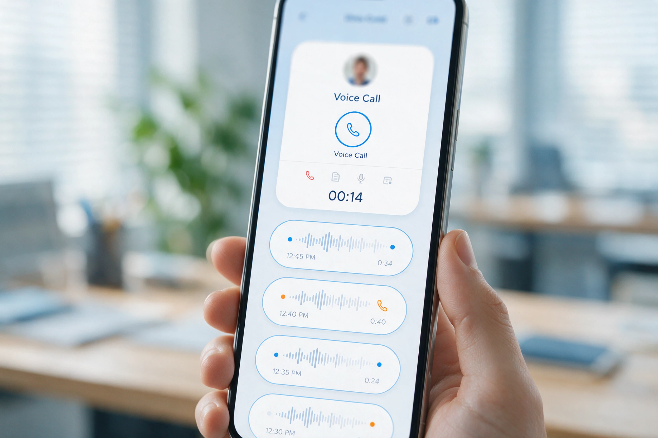 VoIP phone system for small business showing voice call and audio messaging on mobile.